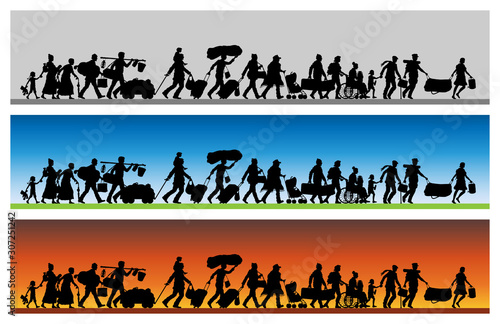 Asylum seekers silhouette with different backgrounds
