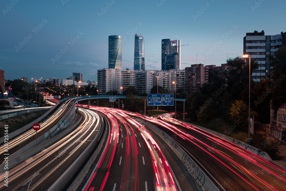 Highway and Madrid's four towers, Spain.