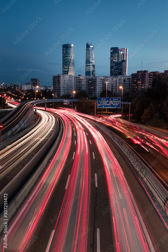 Highway and Madrid's four towers, Spain.