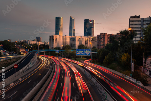 Highway and Madrid's four towers, Spain. photo