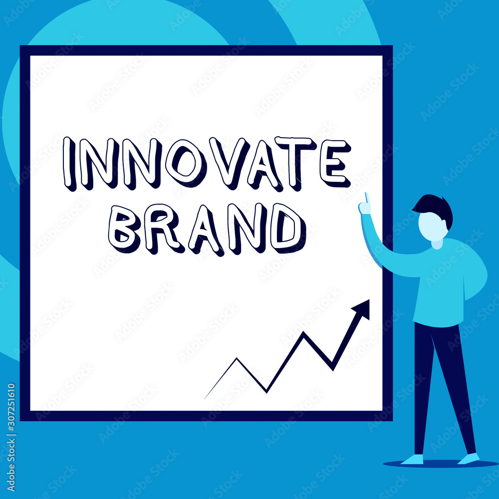 Conceptual hand writing showing Innovate Brand. Concept meaning significant to innovate products, services and more Man standing pointing up blank rectangle Geometric background Conceptual hand writing showing Innovate Brand. Concept meaning significant to innovate products, services and more Man standing pointing up blank rectangle Geometric background
