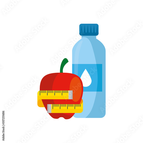 bottle water with apple and tape measure vector illustration design