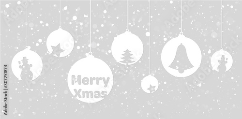 hanging baubles with christmas icons and snow grey