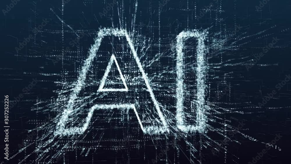 The concept of artificial intelligence. Animation consisting of numbers and symbols. Machine learning and the superiority of the digital future. Robotics machine and deep learning. Symbol AI.