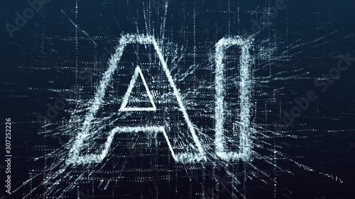 The concept of artificial intelligence. Animation consisting of numbers and symbols. Machine learning and the superiority of the digital future. Robotics machine and deep learning. Symbol AI.