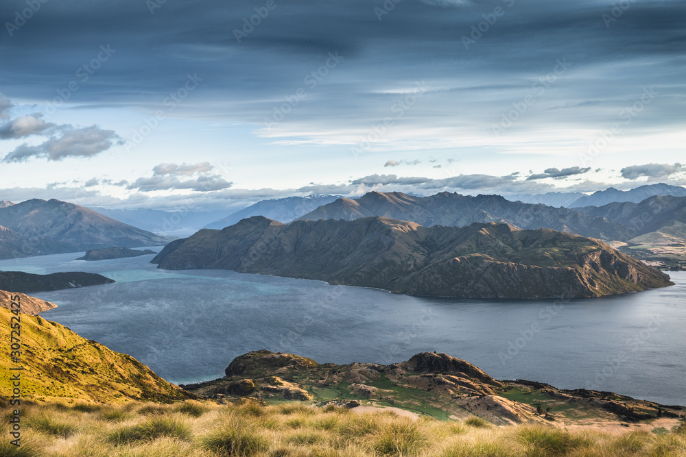 New Zealand Landscape. Lake View From Mountain Peak. Roys Peak Wanaka South Island NZ. Popular Travel Tourism Destination.