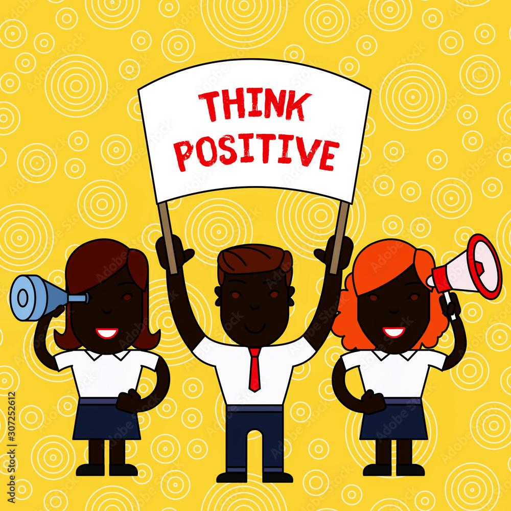 Word writing text Think Positive. Business photo showcasing The tendency to be positive or optimistic in attitude People with Blank Banner, Megaphone and Spy Glass Peaceful Demonstration