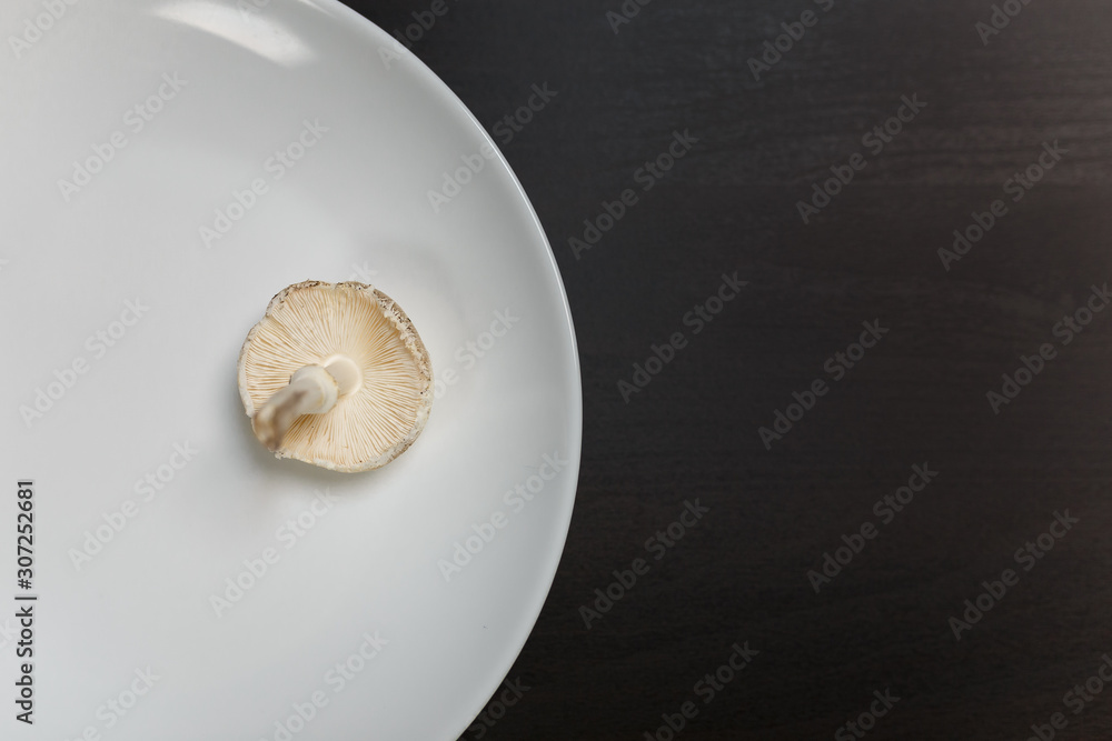 One raw champignon mushroom on a white plate on black table. Not enought food or oversaturation concept. Diet, nutrition, healthy and unhealthy eating habits, overweight or underweight concept. One raw champignon mushroom on a white plate on black table. Not enought food or oversaturation concept. Diet, nutrition, healthy and unhealthy eating habits, overweight or underweight concept.