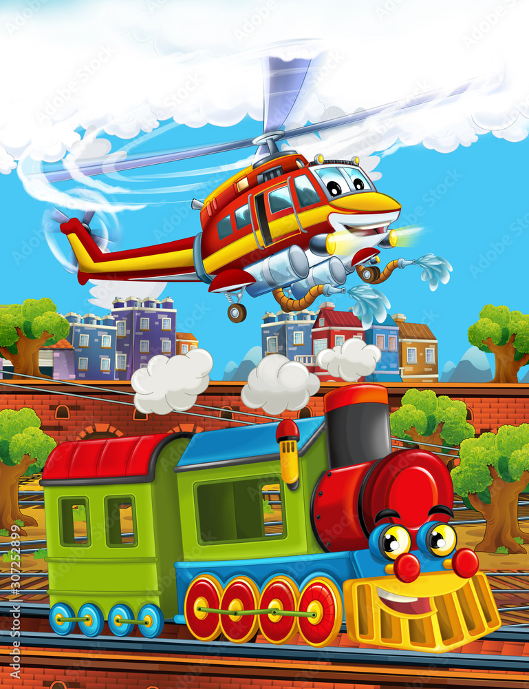 Cartoon funny looking steam train on the train station near the city and flying fireman helicopter - illustration for children