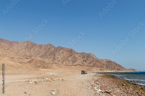 The coastline of the Red Sea and the mountains in the background. Egypt  the Sinai Peninsula.