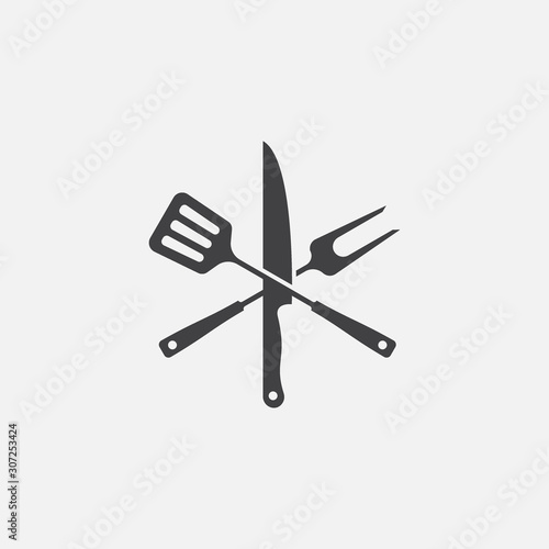 BBQ with flame icon, Grill sign meat and food icon, fork and spatula Barbeque icon symbol, Barbeque Icon Vector Illustration Sign