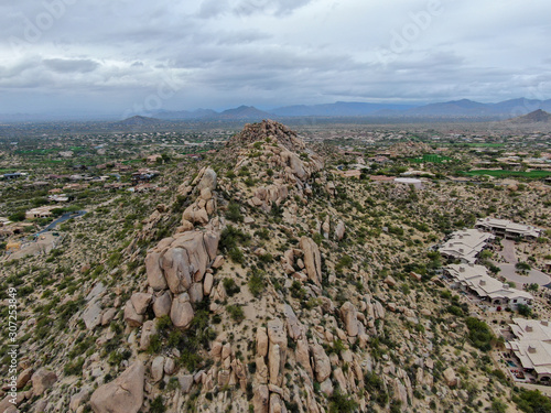 Aerial view of upscale luxury vilas next the mountain and desert landscape of Scottsdale, Phoenix, Arizona