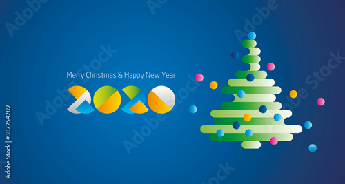 Merry Christmas Happy New Year 2020 modern colorful design with abstract cake and ice cream green Christmas tree blue greeting card