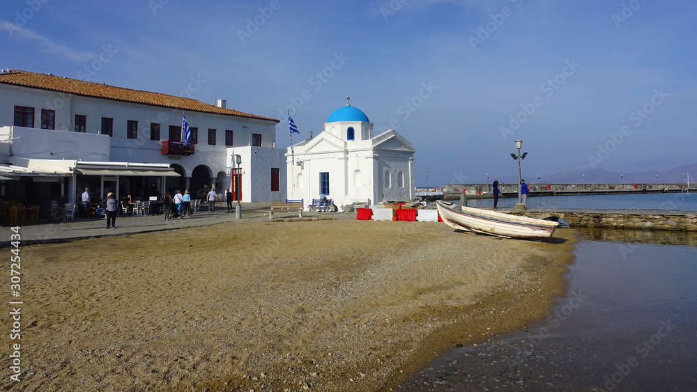 Picturesque church of Agios Nikolaos in port of Mykonos island, Cyclades, Greece Picturesque church of Agios Nikolaos in port of Mykonos island, Cyclades, Greece