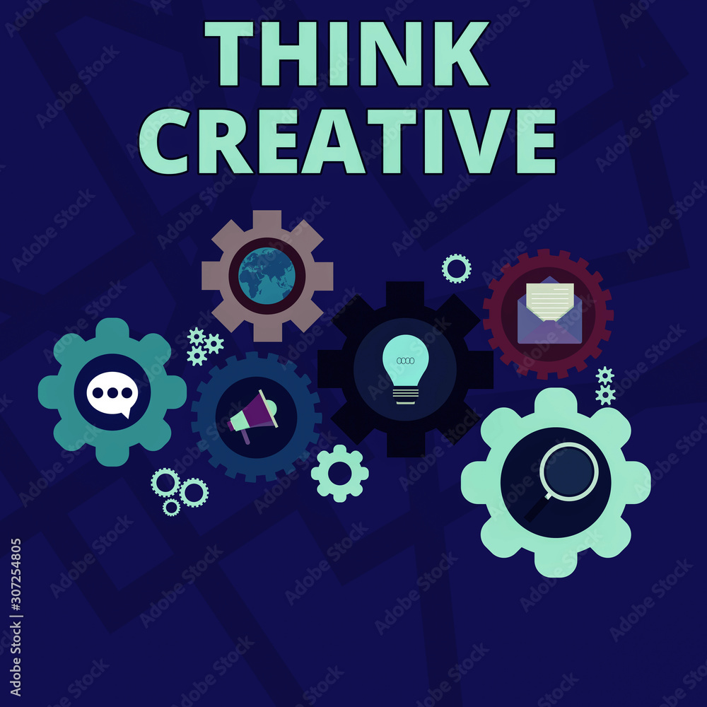 Word writing text Think Creative. Business photo showcasing The ability to perceive patterns that are not obvious Set of Global Online Social Networking Icons Inside Colorful Cog Wheel Gear