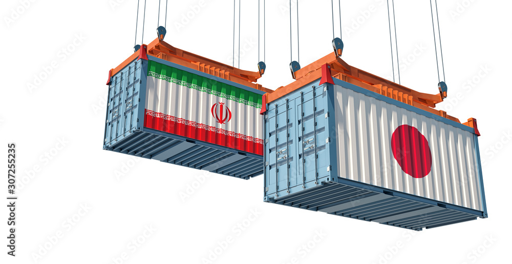 Two freight container with Iran and Japan flag. 3D Rendering Two freight container with Iran and Japan flag. 3D Rendering
