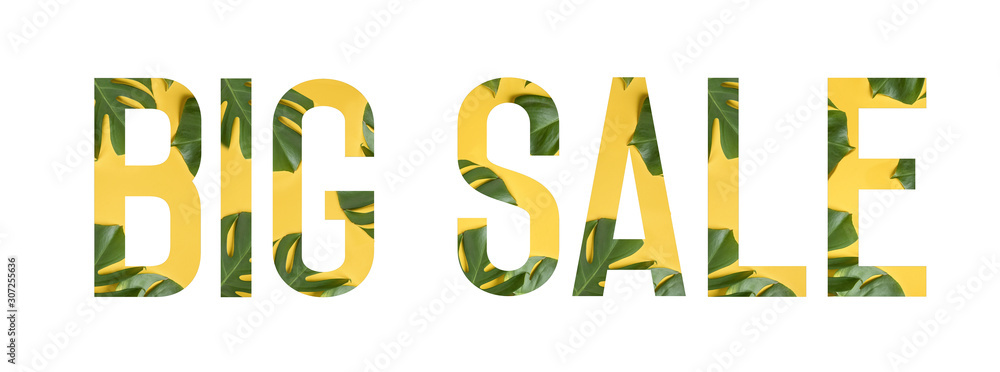 Tropical flower font Alphabet BIG SALE made of Real alive flowers monstera on yellow background with paper cut shape of letter. Collection of flora font for your unique decoration in summer Tropical flower font Alphabet BIG SALE made of Real alive flowers monstera on yellow background with paper cut shape of letter. Collection of flora font for your unique decoration in summer