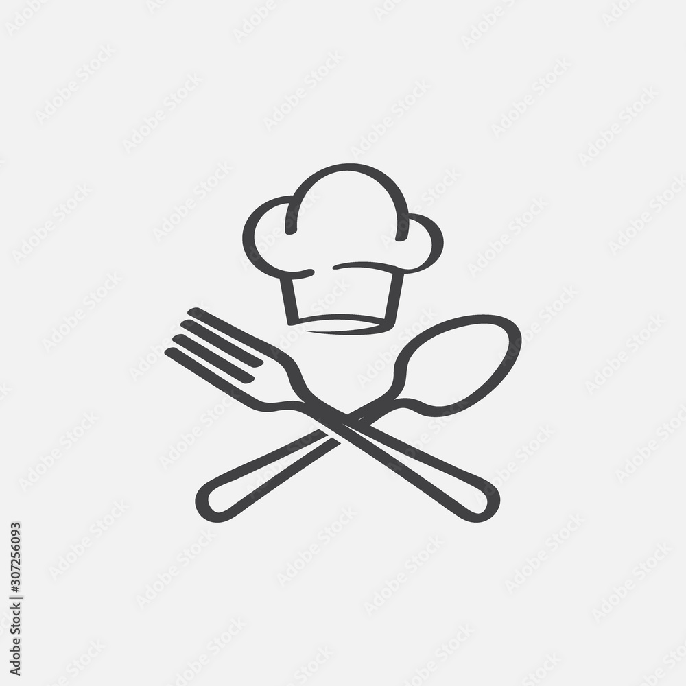 chef logo design, fork and spoon logo, food icon, restaurant label icon,  Cooking symbol, Cooks hat with fork and spoon Stock Vector
