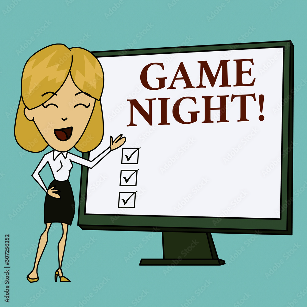 Writing note showing Game Night. Business concept for usually its called on adult play dates like poker with friends White Female in Standing Pointing Blank Screen Whiteboard Presentation Writing note showing Game Night. Business concept for usually its called on adult play dates like poker with friends White Female in Standing Pointing Blank Screen Whiteboard Presentation