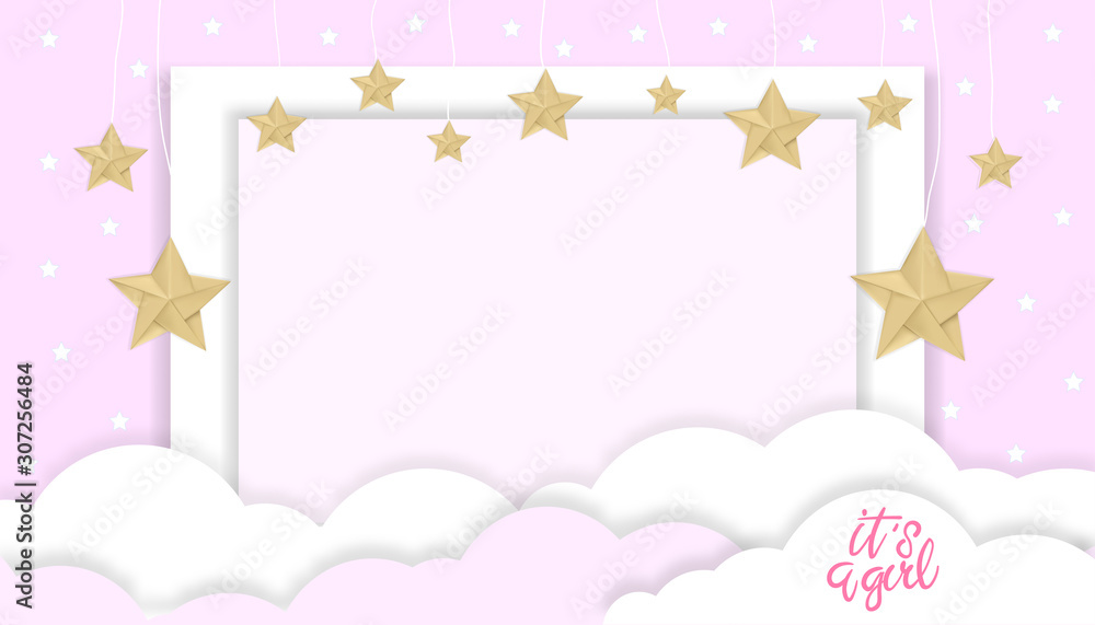 Baby shower card with clouds and stars hanging on pink background ...
