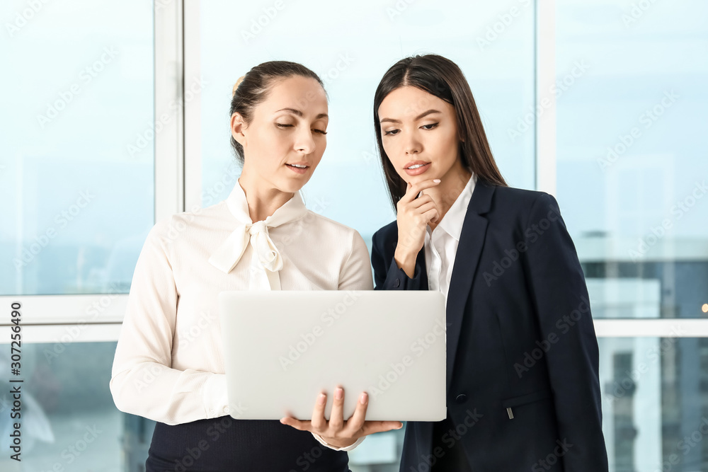 Beautiful businesswomen with laptop discussing issue in office Beautiful businesswomen with laptop discussing issue in office