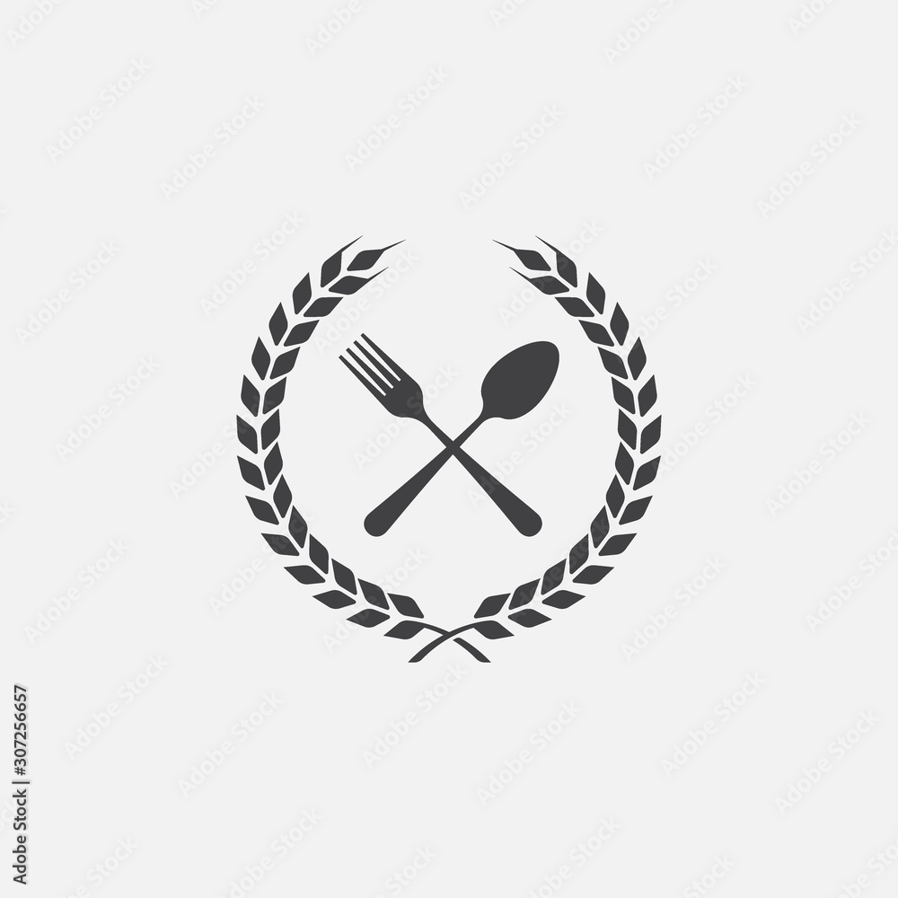 Spoon and Fork with laurel wreath icon, Crossed symbol, restaurant Vector illustration, Restaurant Symbol, cooking icon vector Spoon and Fork with laurel wreath icon, Crossed symbol, restaurant Vector illustration, Restaurant Symbol, cooking icon vector