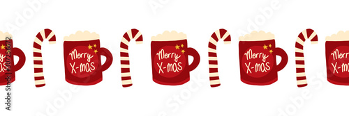 Christmas seamless vector border with Merry Christmas mugs and candy canes. Repeating Holiday design hand drawn. Hot drink, tea, or chocolate design for card decoration, ribbon, trim, kids