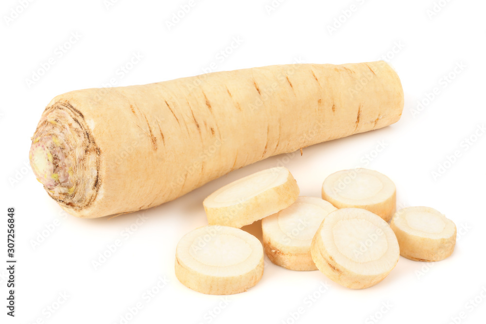 fresh parsley root with slices and parsley isolated on white background fresh parsley root with slices and parsley isolated on white background
