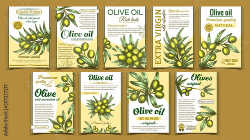 Olives Original Organic Product Poster Set Vector. Collection Of Banner With Olives On Twig. Vertical Advertising Flyers And Labels In Retro Style. Promotion Of Oil Template Colorful Illustrations