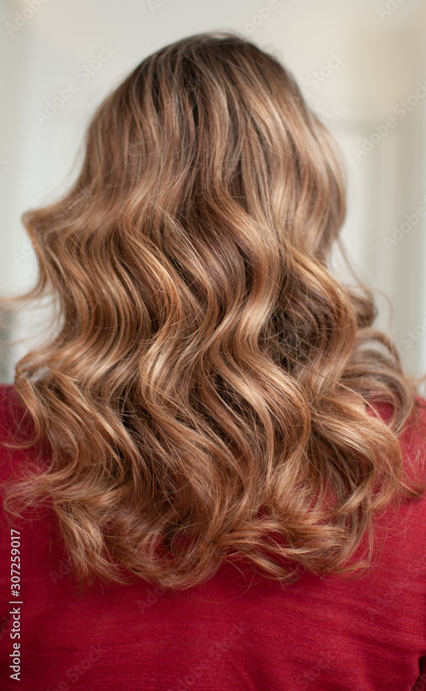 Naklejka premium Female hairstyle on long brown hair hollywood wave back view