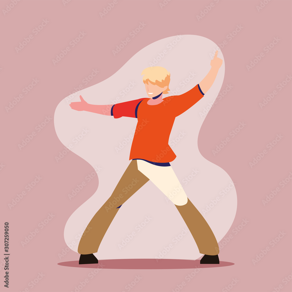 young man in pose of dancing, party, dancing club