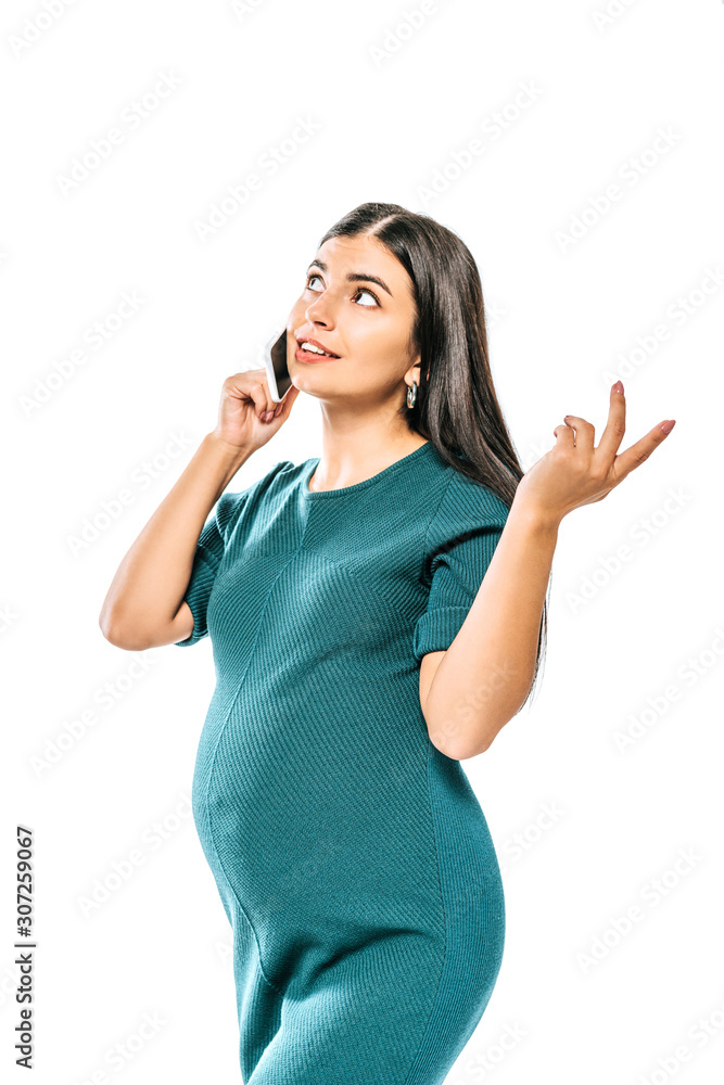 dreamy pregnant girl talking on smartphone isolated on white dreamy pregnant girl talking on smartphone isolated on white