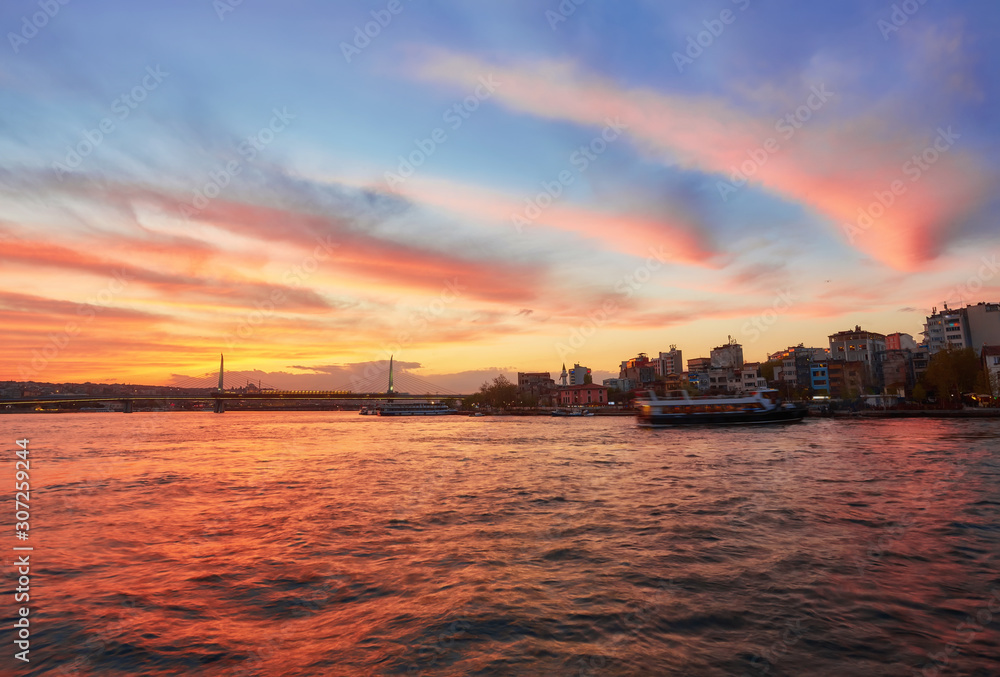 Istanbul new built Halic metro bridge during the twilight