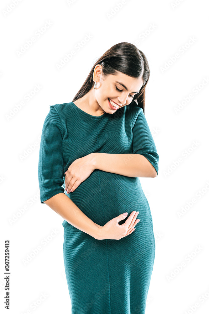 smiling pregnant girl touching belly isolated on white smiling pregnant girl touching belly isolated on white
