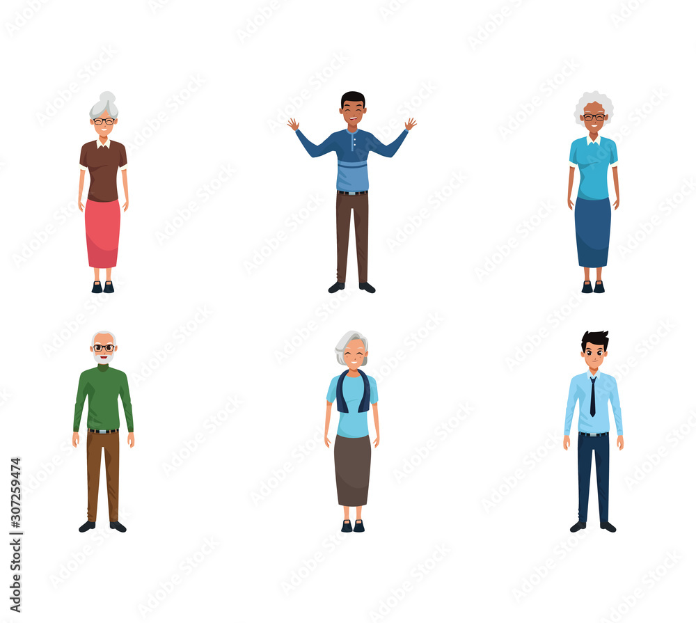 cartoon old people and men standing icon set