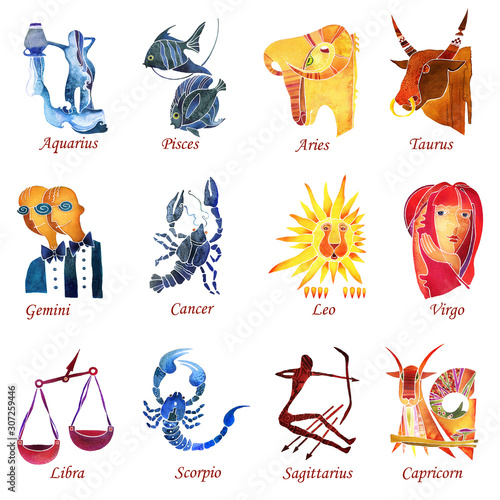 Quadro su tela Set of 12 zodiac signs as faces of women