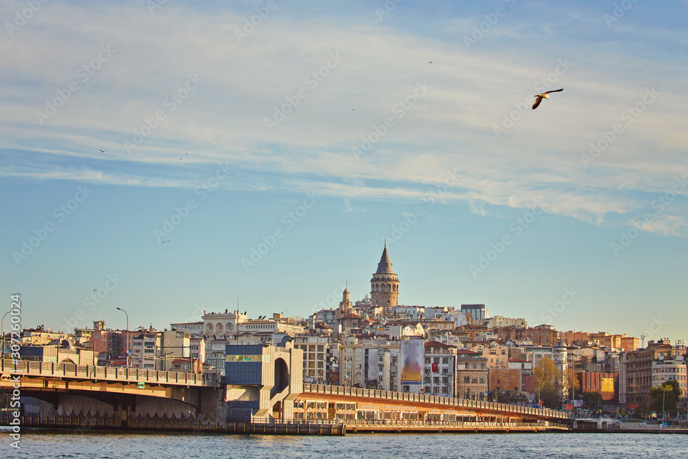 A picturesque view of Istanbul and the Galata Tower from the side of the Bay of Bosphorus