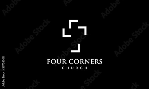 four corners cross  with church religious christian logo design template