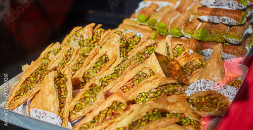 Turkish traditional sweets, rahat lukum in counter in the Grand Bazar market photo