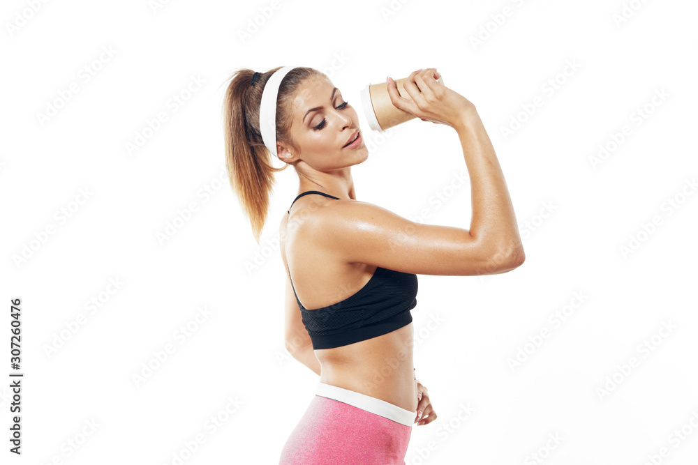 young woman with bottle of water isolated on white young woman with bottle of water isolated on white