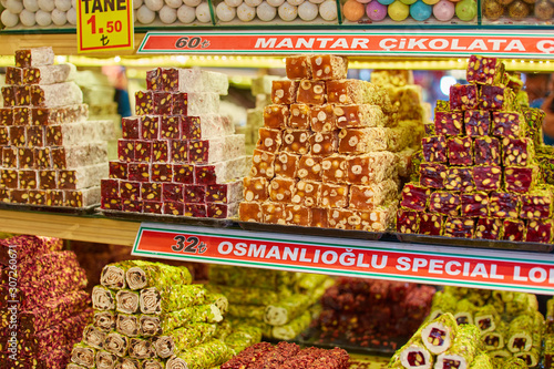 Turkish traditional sweets, rahat lukum in counter in the Grand Bazar market photo