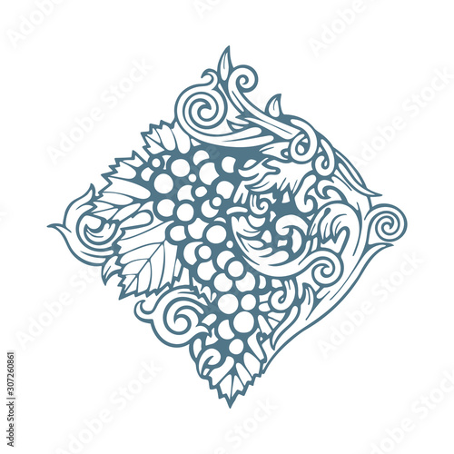 Grape and vine ornament. Hand drawn grape and vine engraving style illustration. Bunch of grapes vector design element. Wine theme grape and vine vintage style ornament.  Part of set.