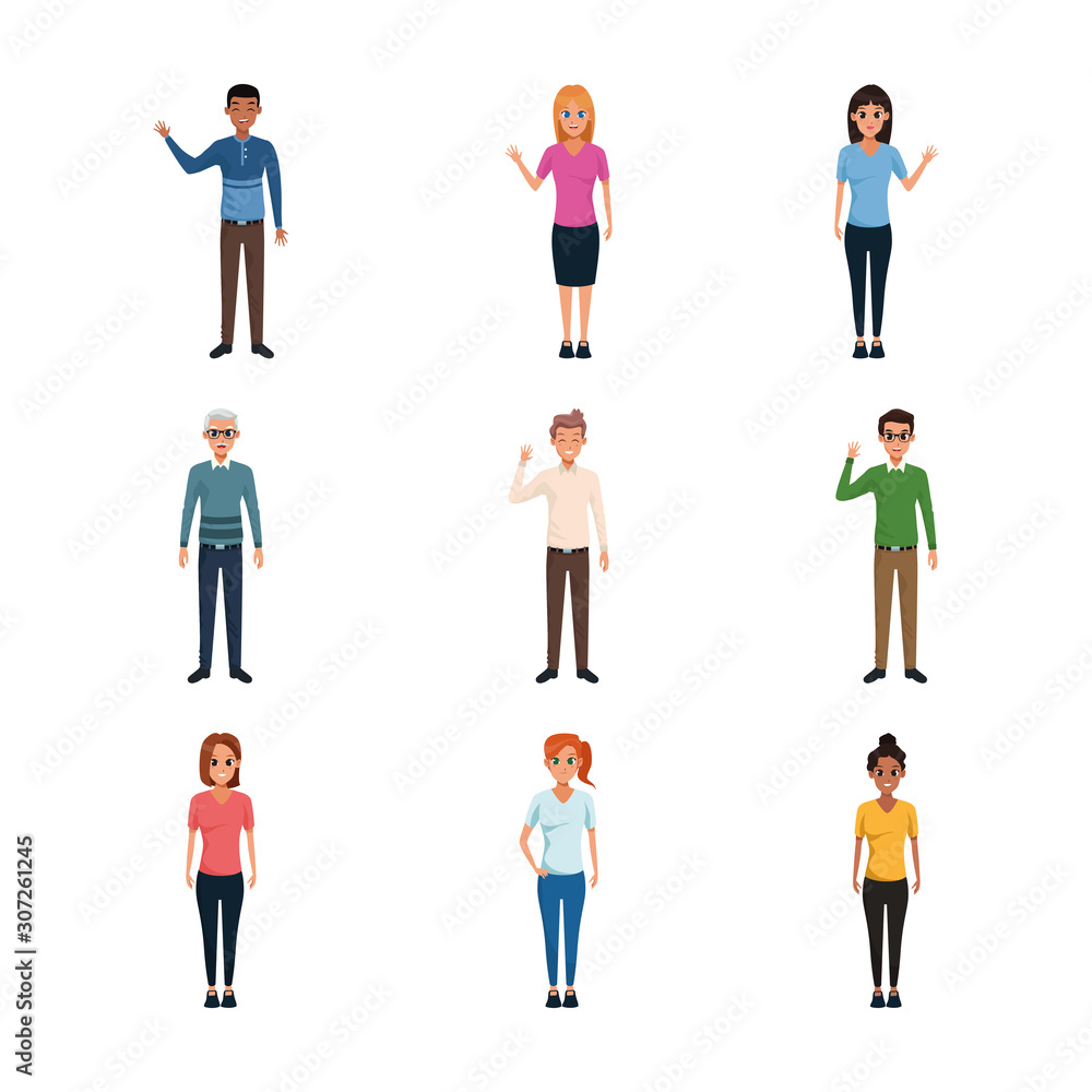 cartoon people standing icon set, colorful design