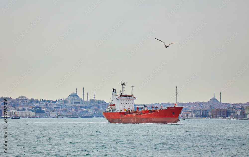 View to Istanbul and passenger ferry. River of the Bosphorus.