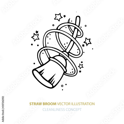 Broom. Hand drawn straw broom vector illustration. Cleanliness and tidiness concept metaphor. Part of set. 