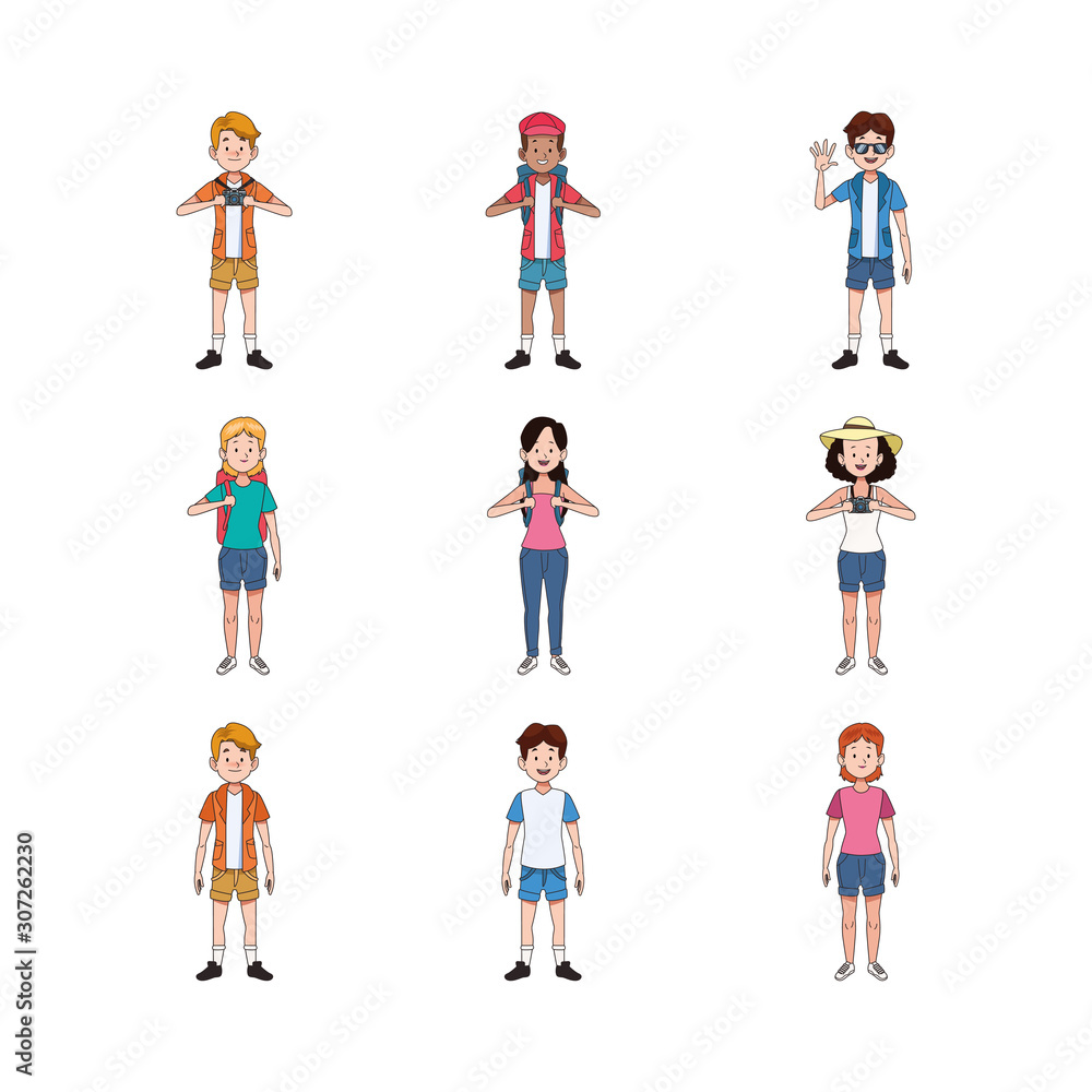 icon set of young travel people, colorful design