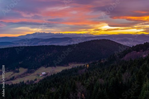 Mountains Tatry in the background at sunset