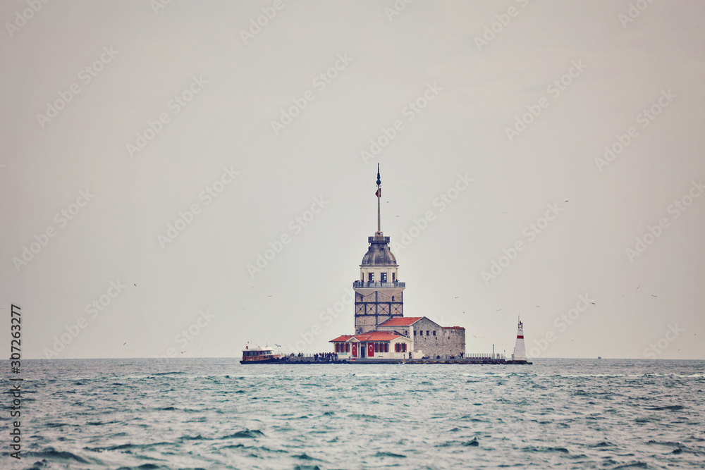 The Maiden's Tower under gray cloudy sky, Bosphorus, Istanbul