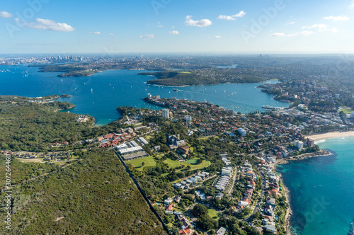 Aerial view of Sydney suburb of Manly with beaches and parks