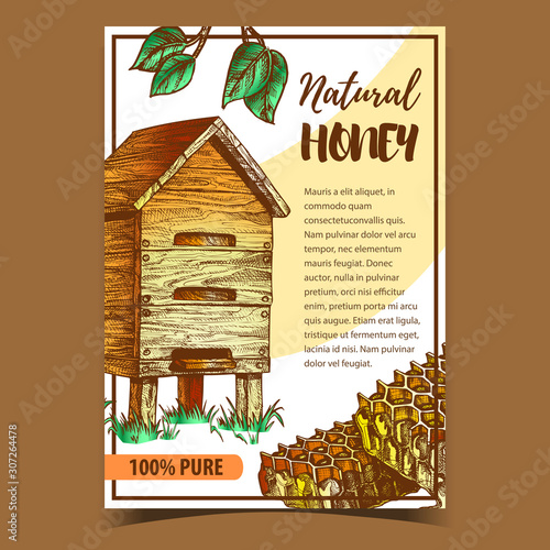 Honeycomb And Farm Wooden Beehive Poster Vector. Honeycomb, Bee Hive And Green Leaves On Creative Advertising Banner. Apiary For Produce Natural Honey Template Hand Drawn In Vintage Style Illustration